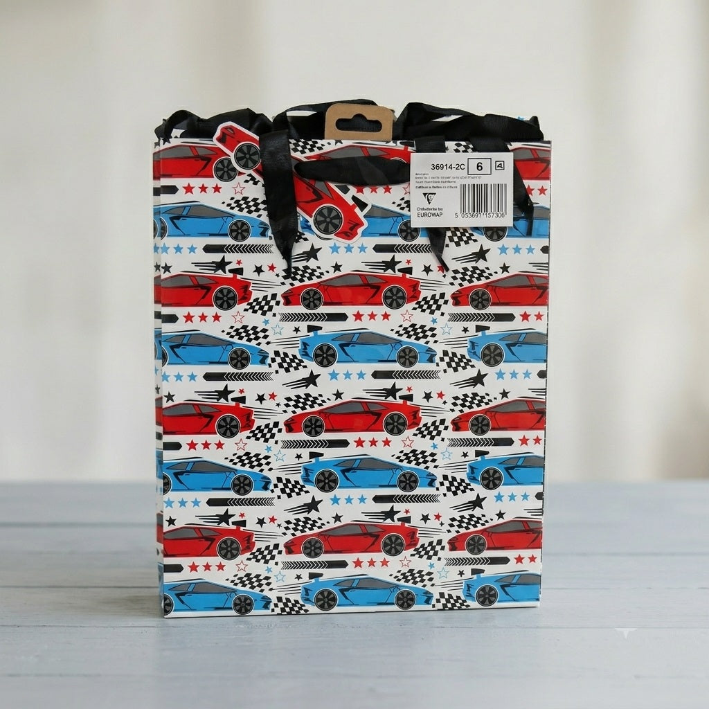 Clairefontaine Eurowrap Racecar Gift Bag Multicolour Large W265mm x H330mm x 140mm Pack of 6 36914-2C | FSC Certified Paper | Boys Birthday Present Wrap | Racing Car Theme Party Gift Bag
