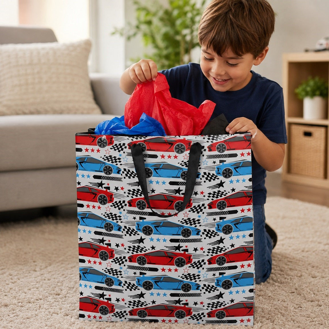 Clairefontaine Eurowrap Racecar Gift Bag Multicolour Medium W215mm x H253mm x 102mm Pack of 6 36914-3C | FSC Certified Paper | Boys Birthday Present Wrap | Racing Car Theme Party Gift Bag