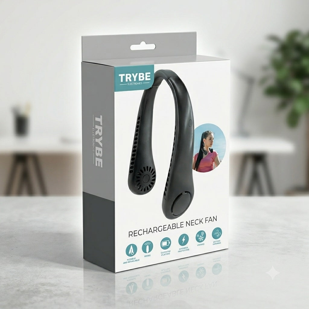 Trybe Electronics Rechargeable Neck Fan Black 21cm x 16cm x 6cm 109500890 | 3 Speed Settings Type-C Charging | Bladeless Personal Cooler | Portable Hands Free Air Flow | Outdoor Sports Travel Cooling Wearable