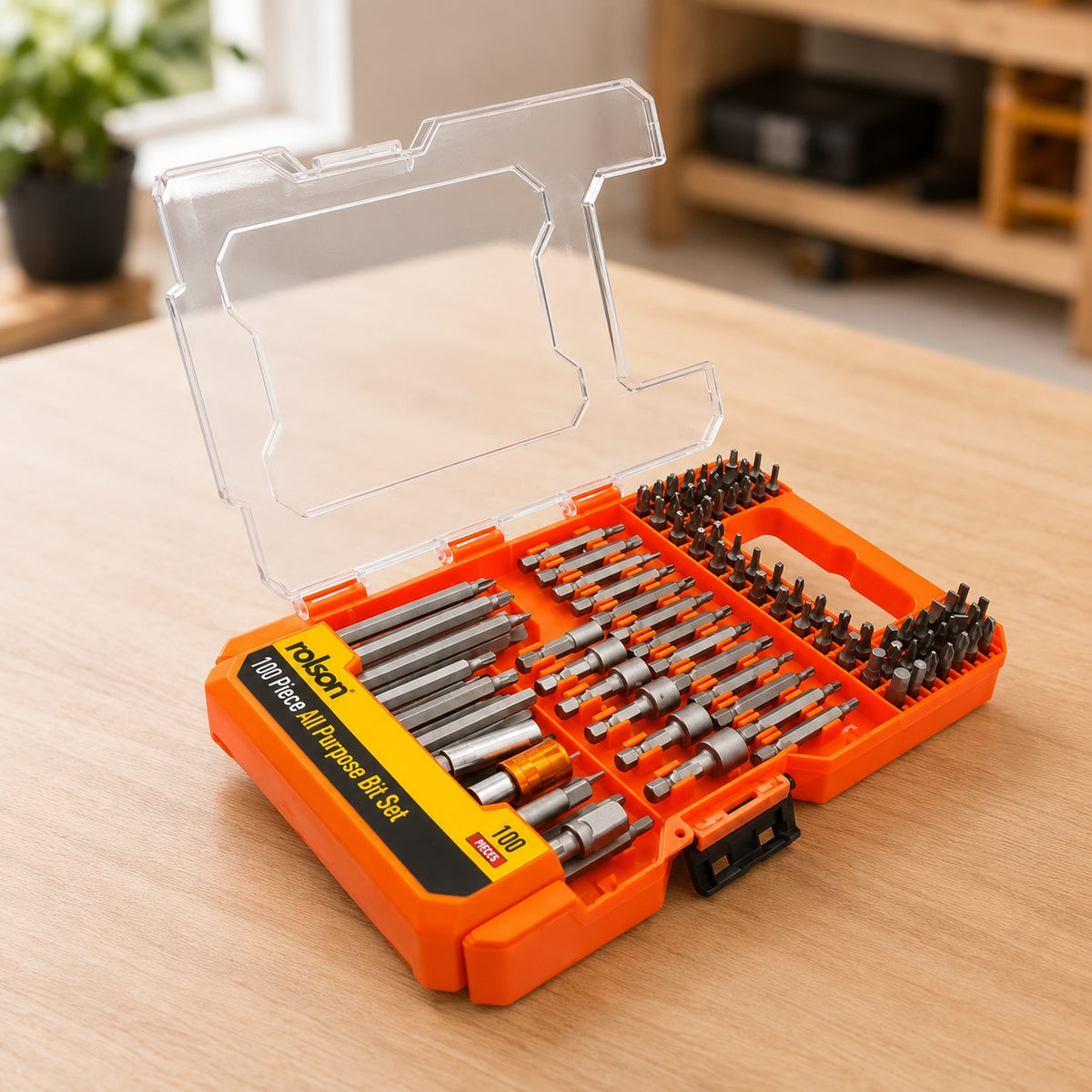 Rolson All Purpose Bit Set Orange Pack of 100 Piece 30249 | Screwdriver Drill Bit Set | Nut Driver Adaptor Magnetic Holder | Quick Change Chrome Vanadium Steel Bits | Power Drill Impact Driver DIY Workshop Home Improvement Repairs