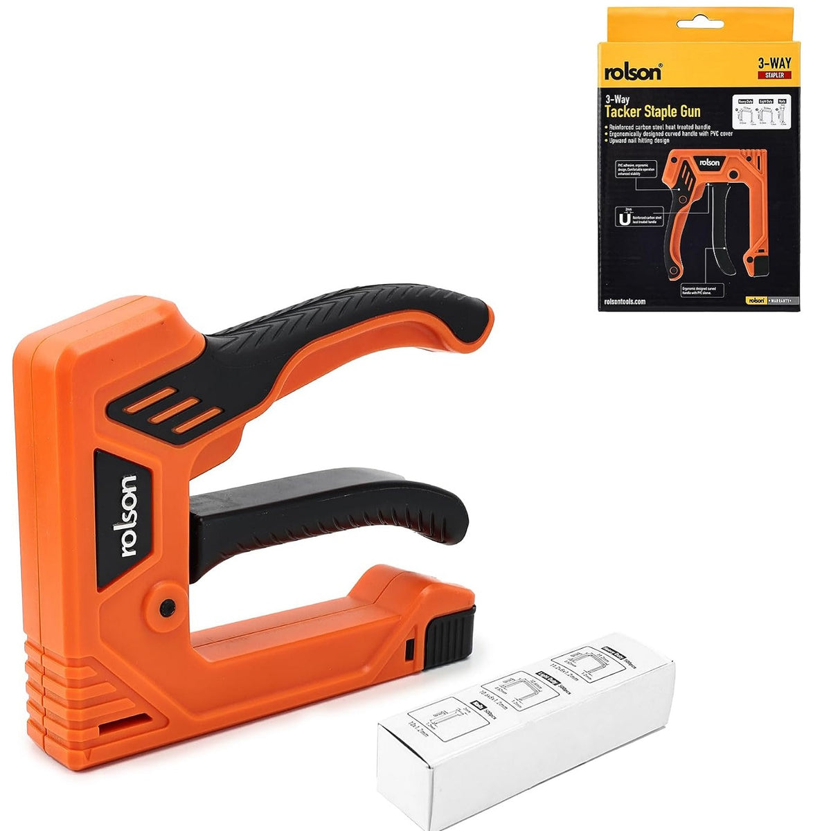 Rolson 3-Way Tacker Staple Gun Orange and Black 142mm x 112mm x 27mm 44315 | Heavy Duty Hand Stapler | Manual Nail Gun with 500 Piece Staples Nails | Reinforced Heat Treated Carbon Steel Handle | DIY Upholstery Crafts Woodworking Fabric Repairs