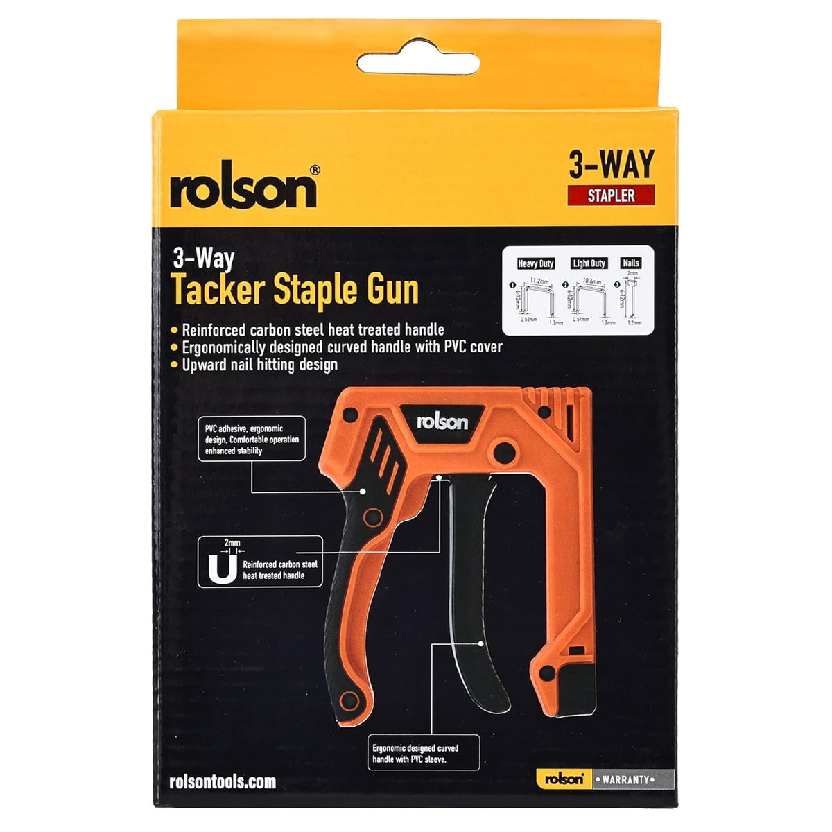 Rolson 3-Way Tacker Staple Gun Orange and Black 142mm x 112mm x 27mm 44315 | Heavy Duty Hand Stapler | Manual Nail Gun with 500 Piece Staples Nails | Reinforced Heat Treated Carbon Steel Handle | DIY Upholstery Crafts Woodworking Fabric Repairs