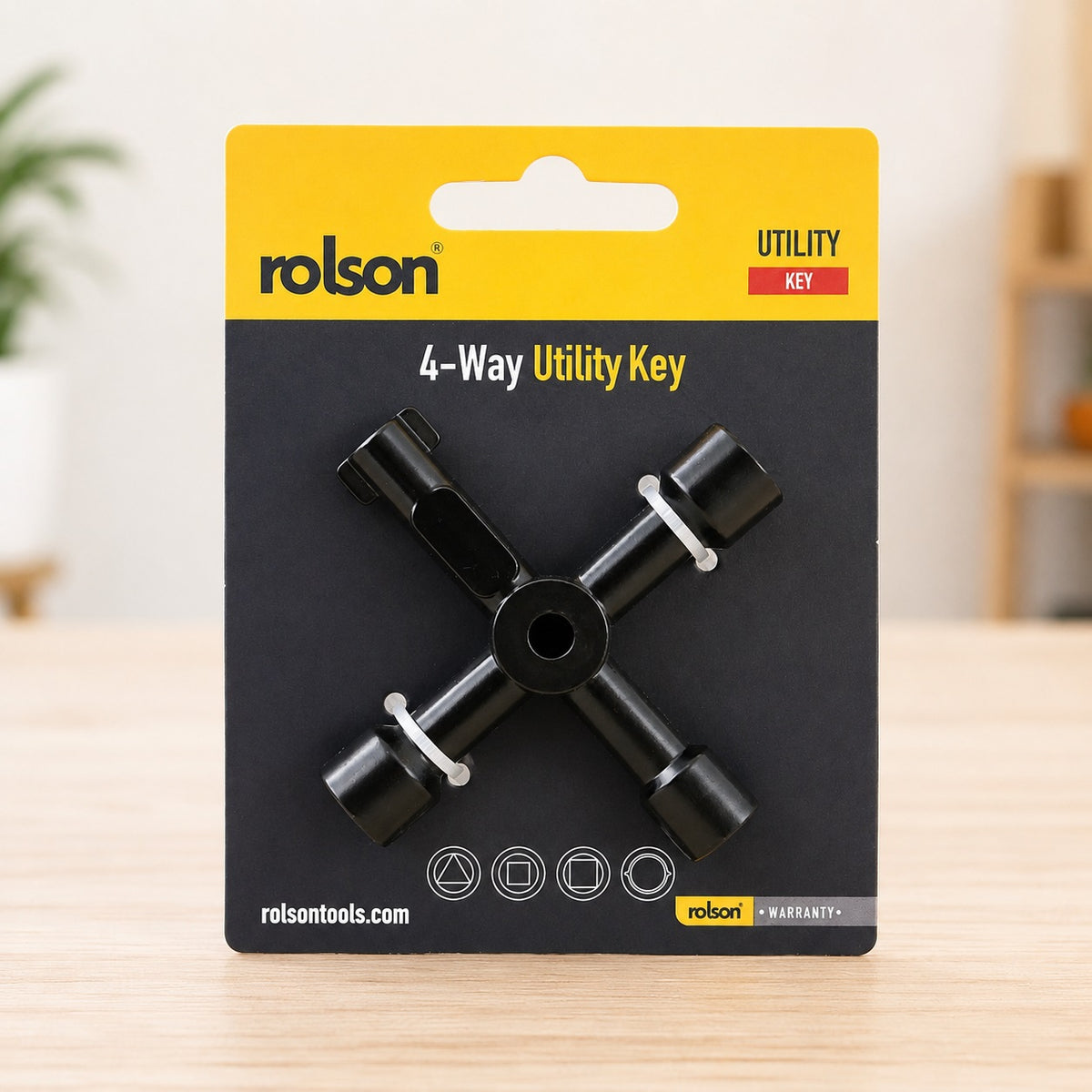 Rolson 4-Way Utility Key Black 22460 | Service Cabinet Cross Wrench | Multifunctional Meter Box Key | Die Cast Zinc Alloy Material | Water Electric Gas Meter Cupboards Radiator Bleeding | Four Different Sizes