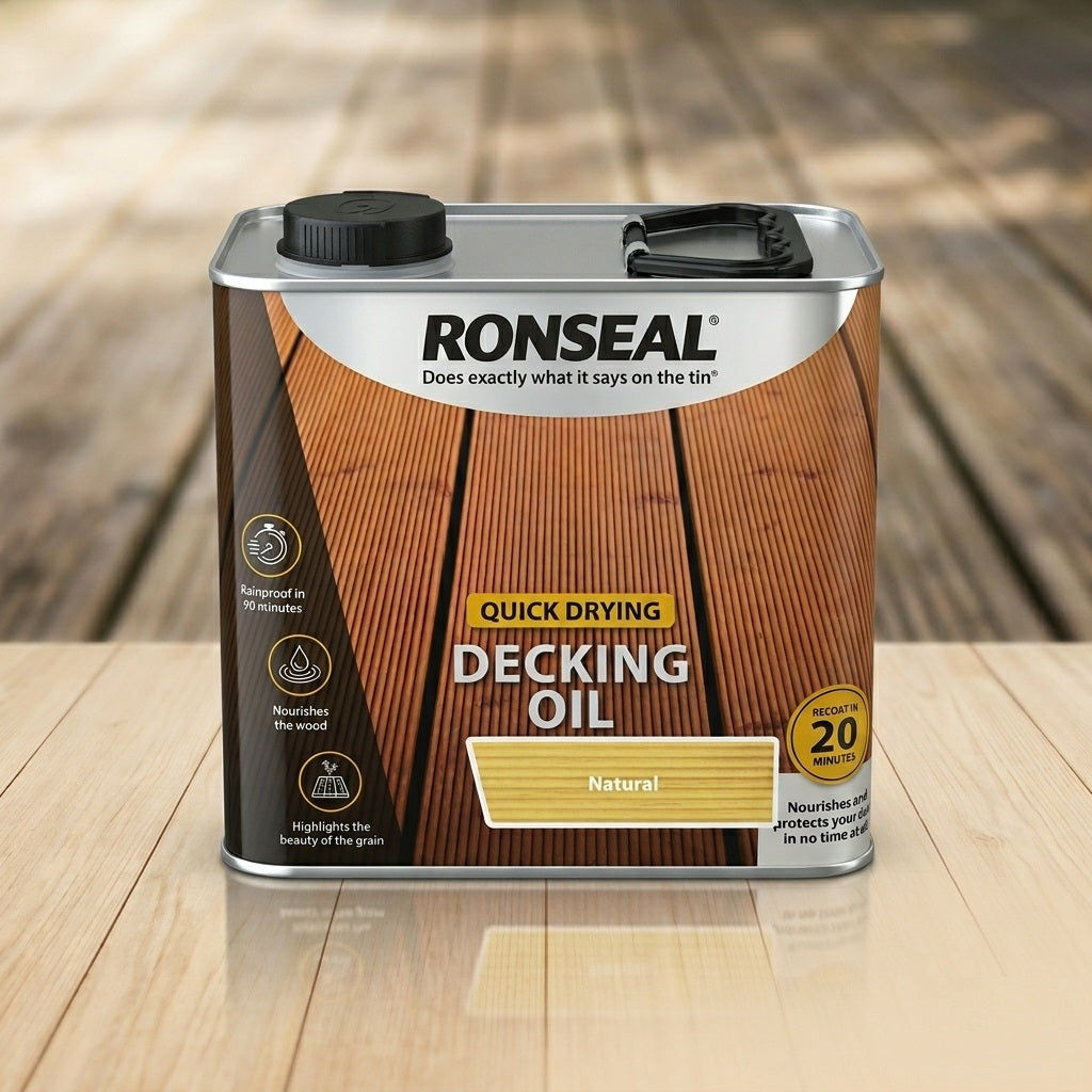 Ronseal Quick Drying Decking Oil Natural 2.5 Litre 30301 | Wood Stain Protector | Clear Timber Nourishment Sealer | Rainproof in 90 Minutes | Garden Deck Boards Exterior Furniture Refresh Coating
