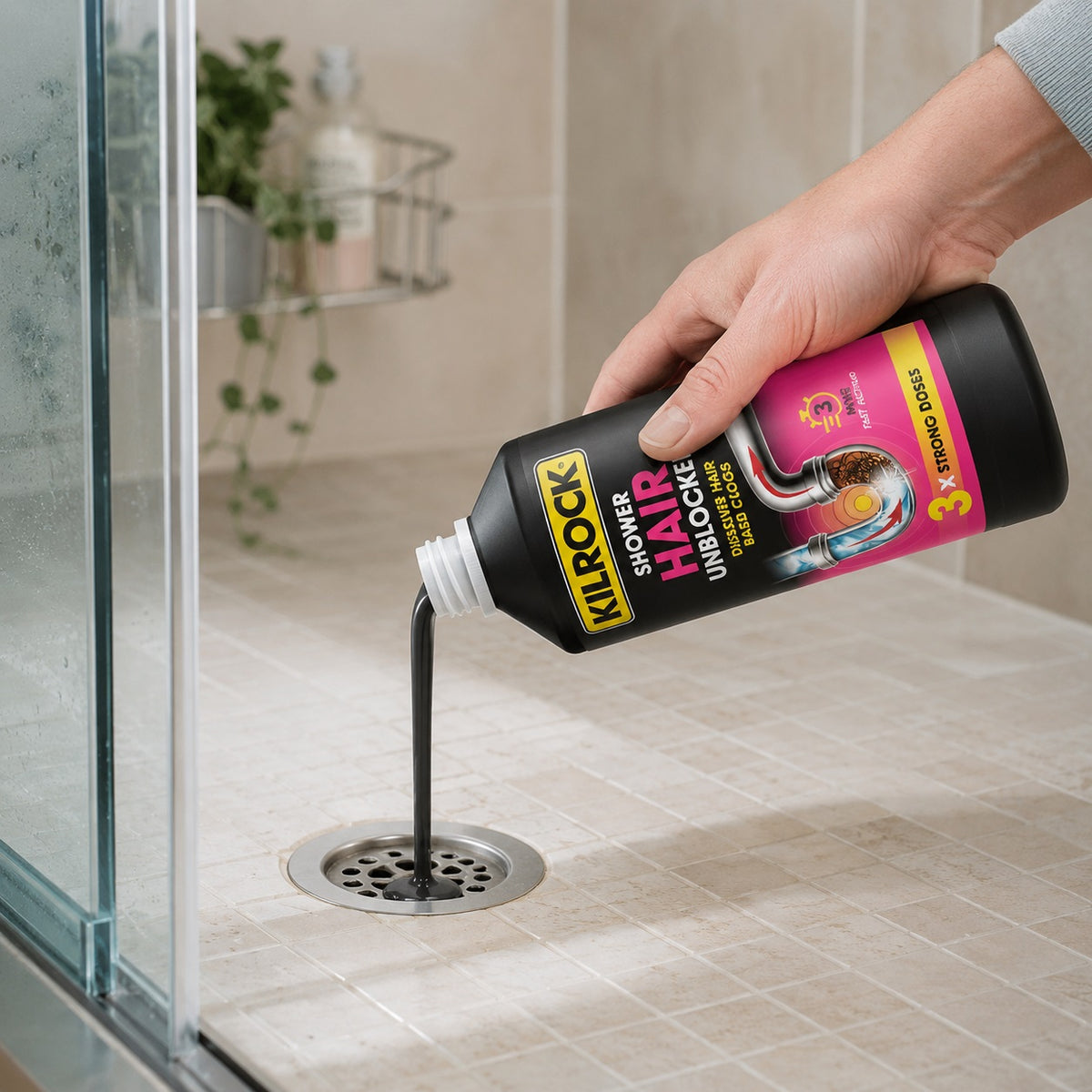 Kilrock Shower Hair Unblocker Black 1Ltr SHOWER1L | Dissolves Hair Based Clogs | 3x Strong Doses | 3 Mins Fast Acting