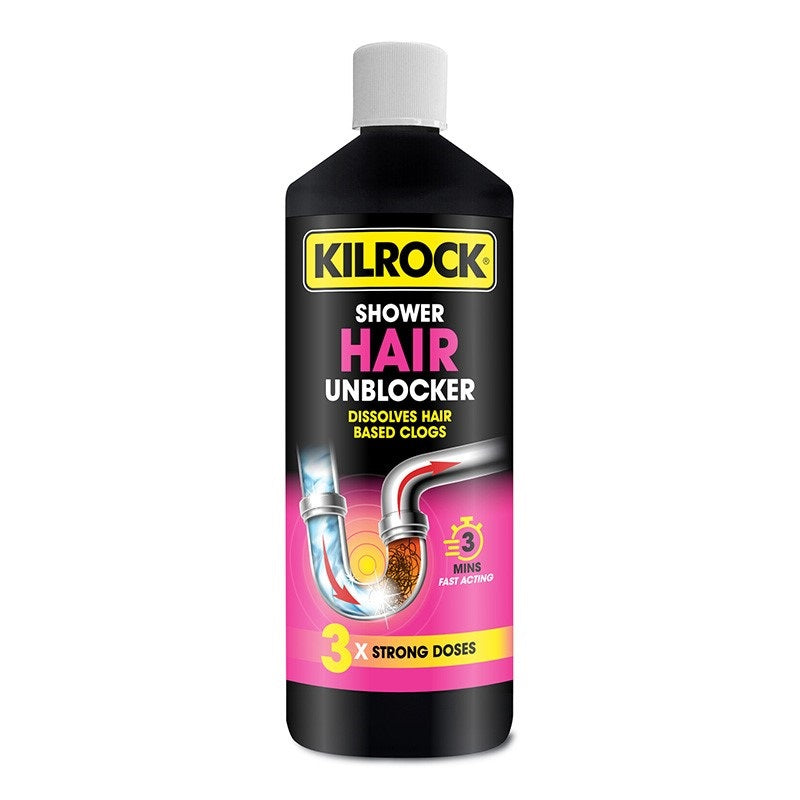 Kilrock Shower Hair Unblocker Black 1Ltr SHOWER1L | Dissolves Hair Based Clogs | 3x Strong Doses | 3 Mins Fast Acting