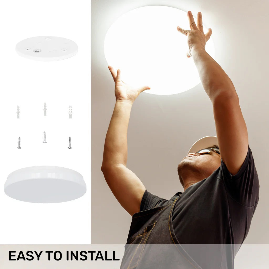 Paul Russells Round Panel Modern Ceiling LED Light Cool White H65mm x D250mm 12W 1200 Lumens 14775 | IP44 Moisture Resistant Bathroom Light | Plastic Round Flush Mount Lamp | Indoor Kitchen Living Room Home Lighting