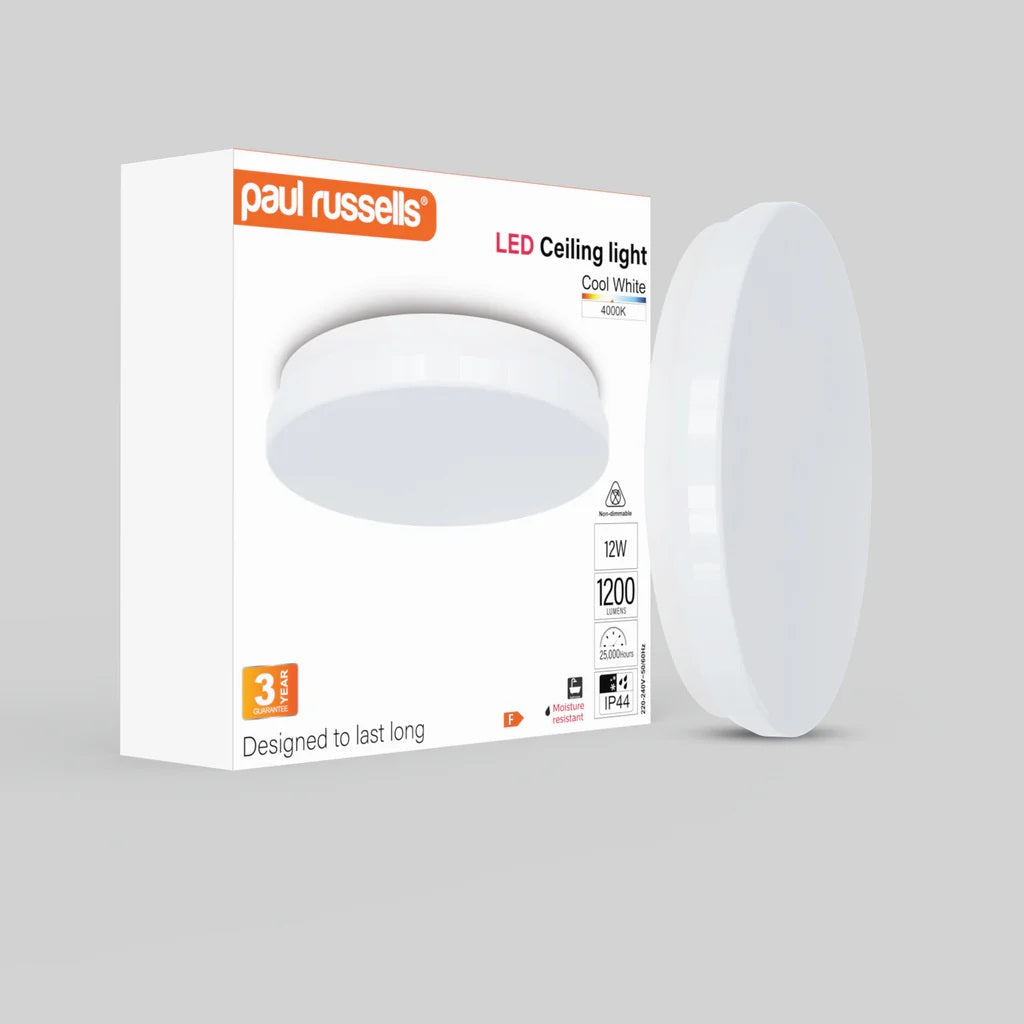 Paul Russells Round Panel Modern Ceiling LED Light Cool White H65mm x D250mm 12W 1200 Lumens 14775 | IP44 Moisture Resistant Bathroom Light | Plastic Round Flush Mount Lamp | Indoor Kitchen Living Room Home Lighting