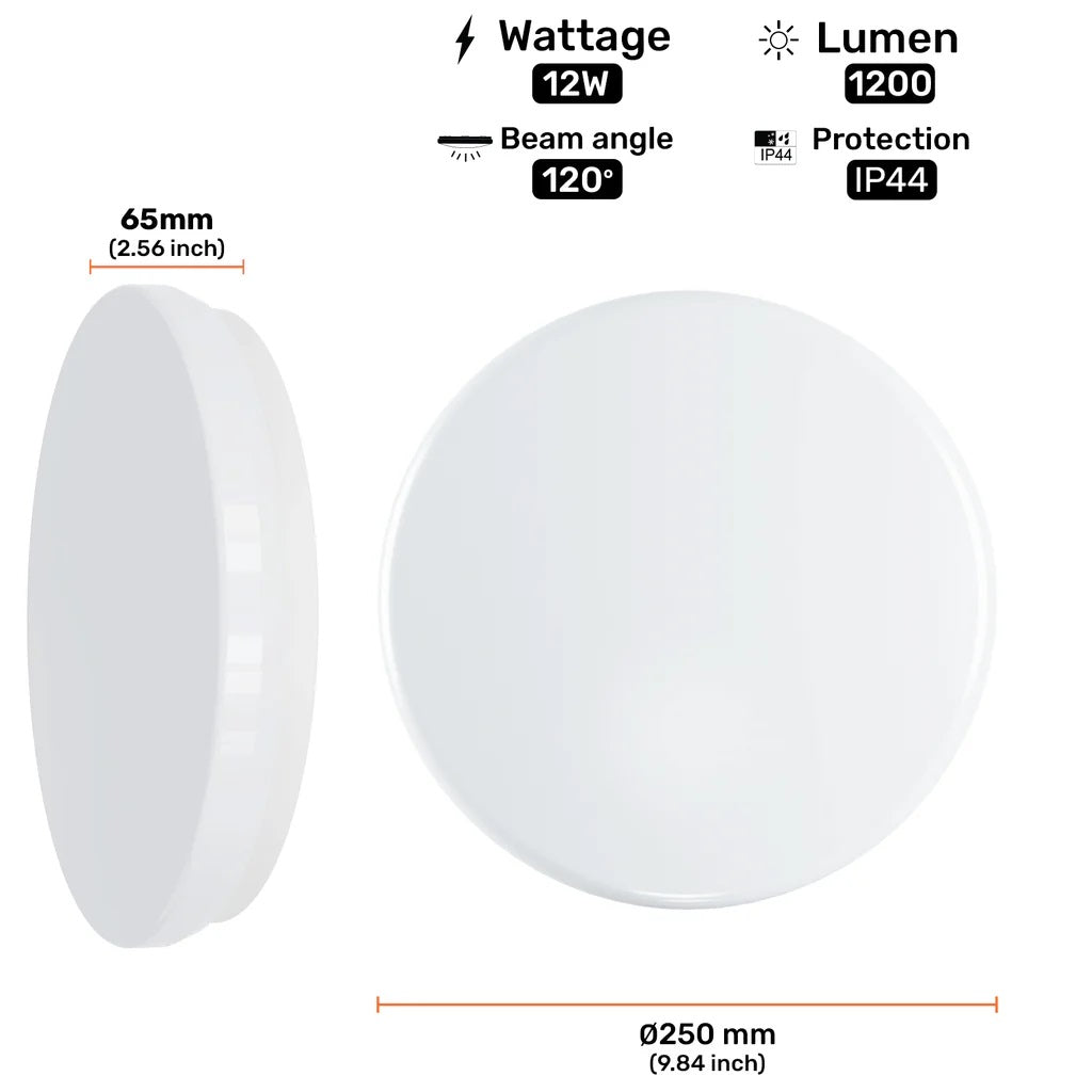 Paul Russells Round Panel Modern Ceiling LED Light Cool White H65mm x D250mm 12W 1200 Lumens 14775 | IP44 Moisture Resistant Bathroom Light | Plastic Round Flush Mount Lamp | Indoor Kitchen Living Room Home Lighting