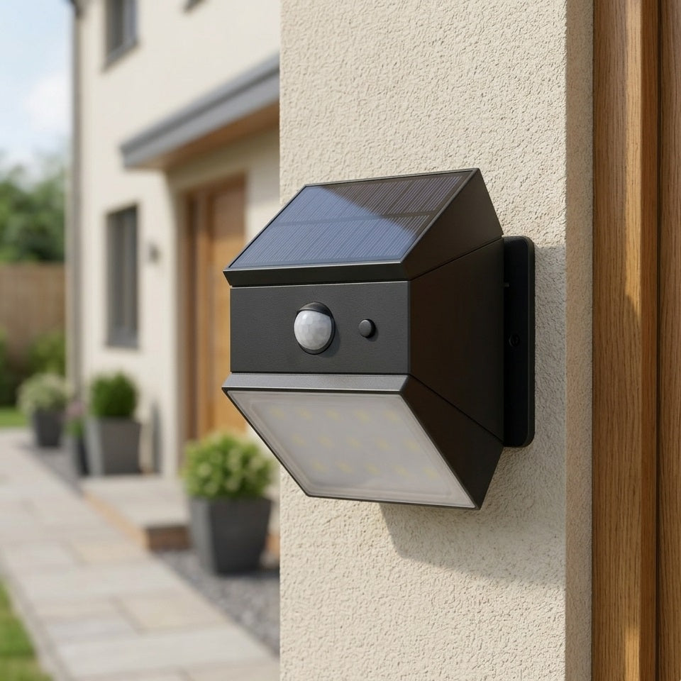 Luceco Rubix Solar Decorative Wall Light Black 2.5W LEXSRX28BCC | PIR Motion Sensor and USB-C Charging | 4 in 1 180 Degree Adjustable LED Panel | 3 Colour CCT 3000K 4000K 6000K | Outdoor Garden Fence Post Security Lighting Night Lamp