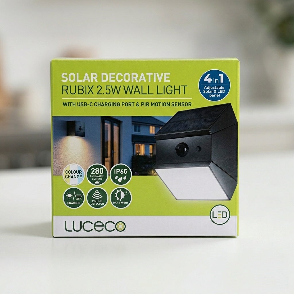 Luceco Rubix Solar Decorative Wall Light Black 2.5W LEXSRX28BCC | PIR Motion Sensor and USB-C Charging | 4 in 1 180 Degree Adjustable LED Panel | 3 Colour CCT 3000K 4000K 6000K | Outdoor Garden Fence Post Security Lighting Night Lamp