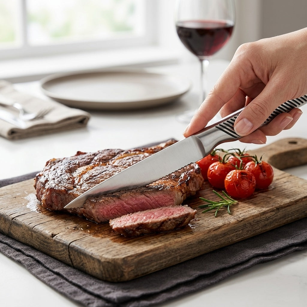 Siaki Steak Knife Silver 25cm YN1201400 | Long Narrow Blade for Precise Control | X30Cr13 Stainless Steel | Kitchen Meal Prep Meat Slicing Dining Table Cutlery | Well Balanced Handle Sharp Utility Knife