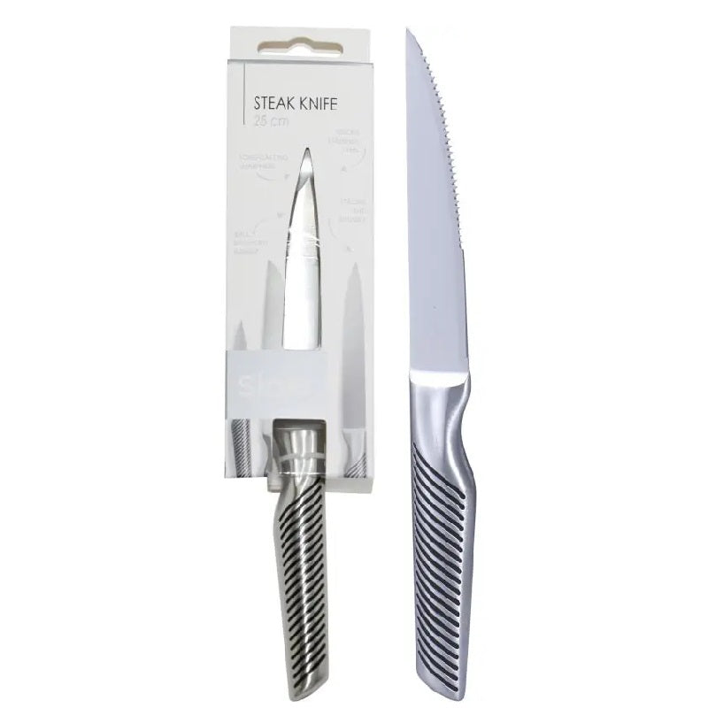 Siaki Steak Knife Silver 25cm YN1201400 | Long Narrow Blade for Precise Control | X30Cr13 Stainless Steel | Kitchen Meal Prep Meat Slicing Dining Table Cutlery | Well Balanced Handle Sharp Utility Knife