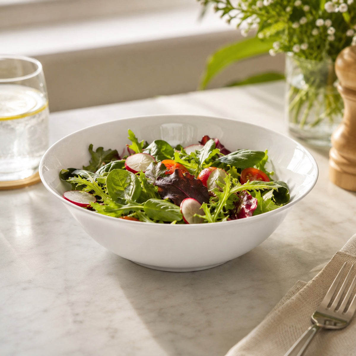 Highlands Homeware Porcelain Salad Bowl White 7-Inch BAS13 | Round Serving Bowl | Dining Table Salad Bowl | Soup Pasta Fruit Bowl | Everyday Kitchen Serving Dish
