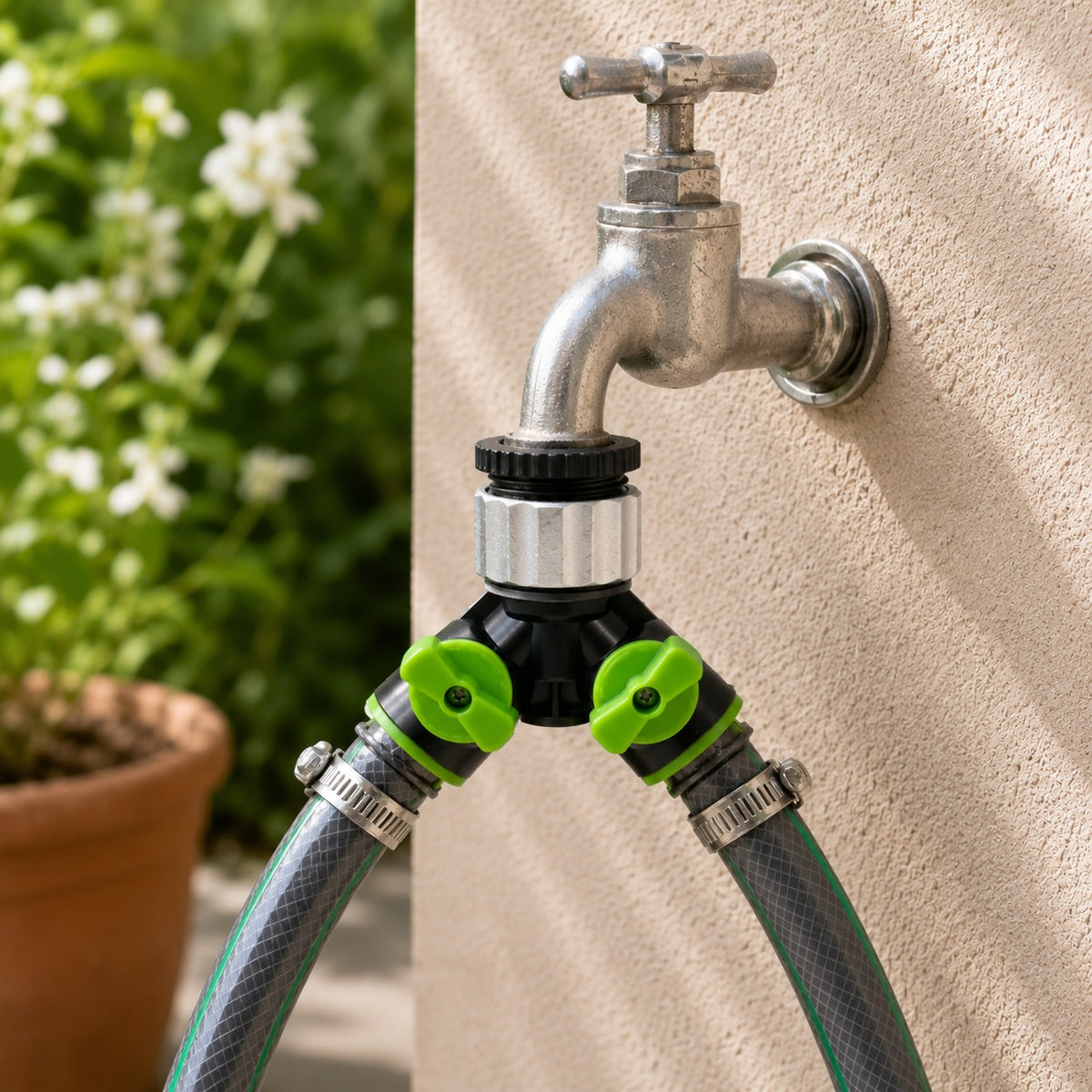 Green Blade Aluminium 2 Way Tap Connector Black and Green GA012 | Durable | Easy Assembly | Aluminium Plus ABS Material