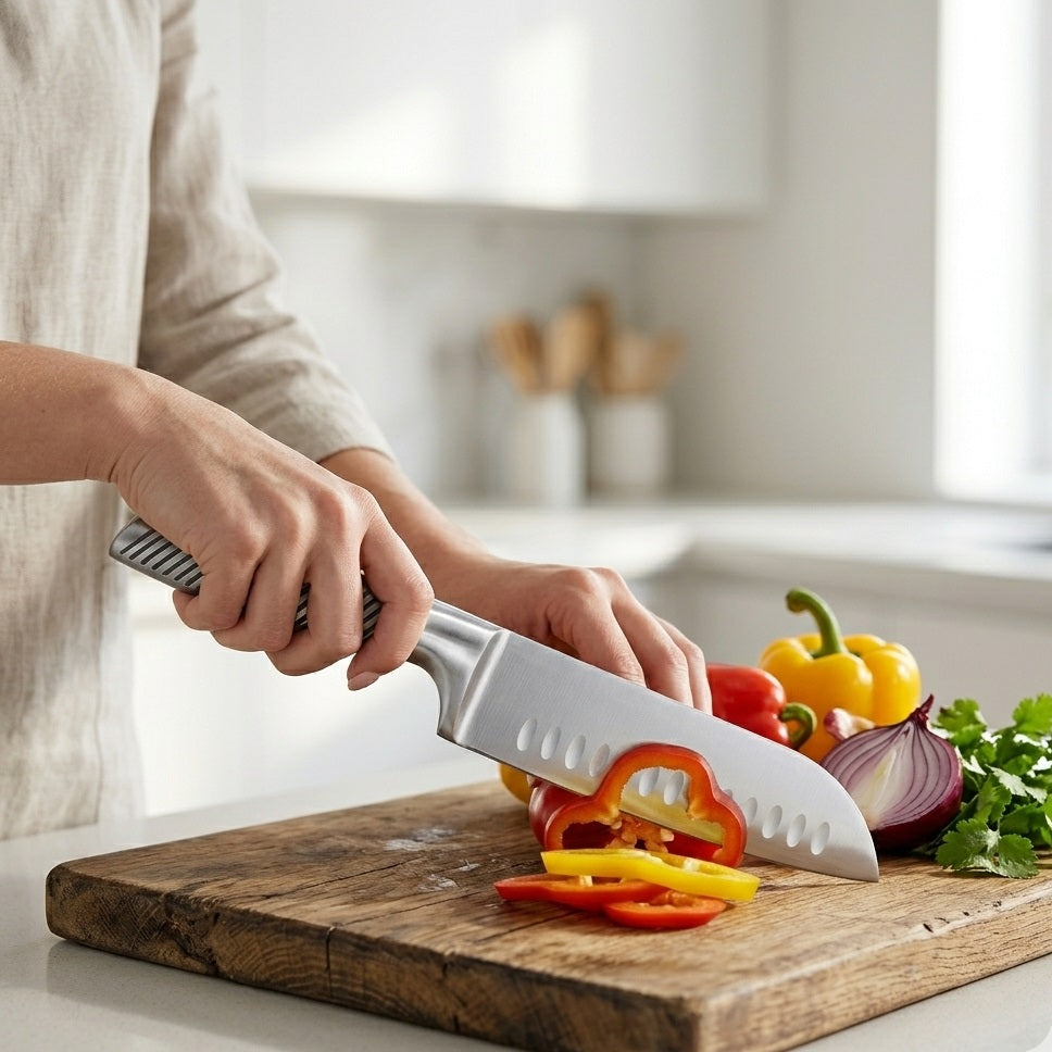 Siaki Santoku Knife Silver 32cm YN1201360 | X30Cr13 Stainless Steel Kitchen Chef Knife | Japanese Style Slicing Knife | Food Preparation Chopping Mincing