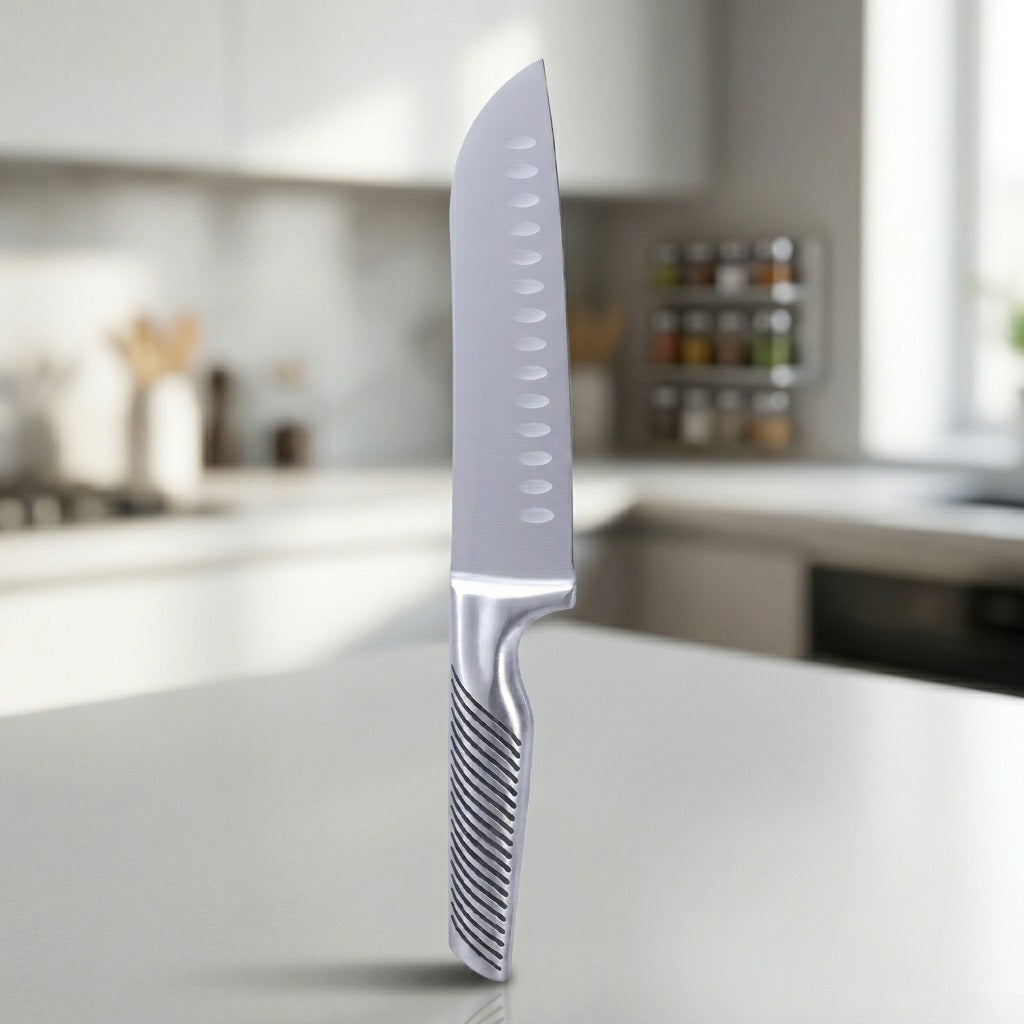 Siaki Santoku Knife Silver 32cm YN1201360 | X30Cr13 Stainless Steel Kitchen Chef Knife | Japanese Style Slicing Knife | Food Preparation Chopping Mincing