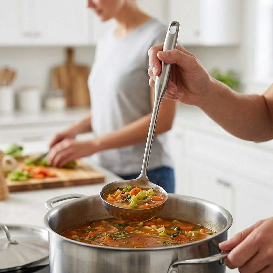 Siaki Ladle Silver 36cm C80654340 | 18-8 Stainless Steel Soup Spoon | Dishwasher Safe Ergonomic Handle | Cooking Serving Kitchen Utensil