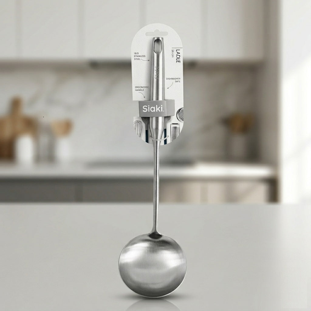 Siaki Ladle Silver 36cm C80654340 | 18-8 Stainless Steel Soup Spoon | Dishwasher Safe Ergonomic Handle | Cooking Serving Kitchen Utensil