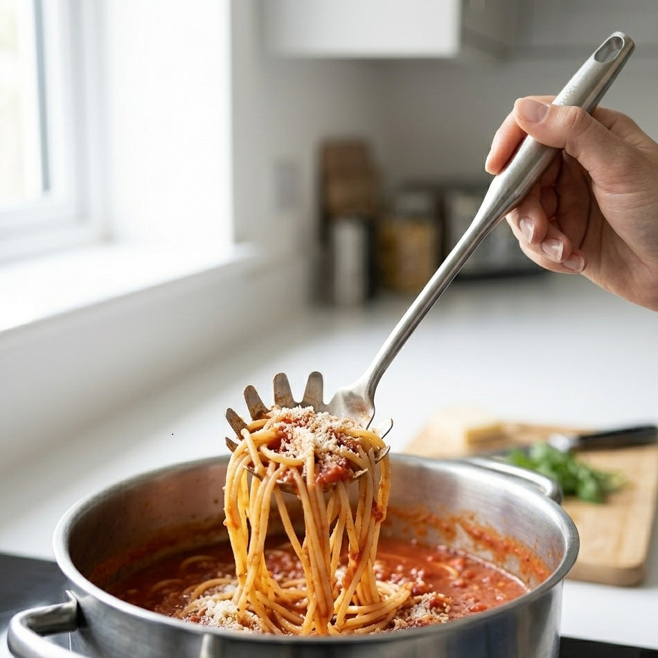 Siaki Spaghetti Spoon Silver 36cm C80654350 | 18-8 Stainless Steel Pasta Server | Dishwasher Safe Ergonomic Handle | Kitchen Cooking Serving Utensil