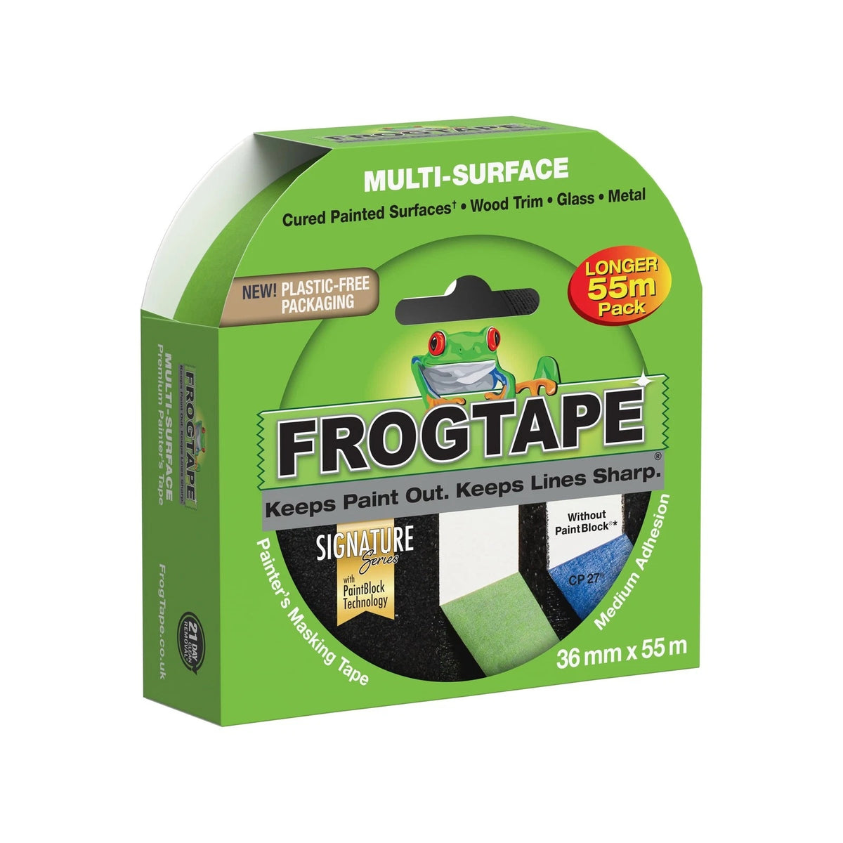 Frogtape Multi-Surface Painters Masking Tape Green 36mm x 55Mtr 105939 | Cured Painted Surfaces | Wood Trim | Glass | Metal | Keeps Paint Out | Keeps Lines Sharp | Medium Adhesion