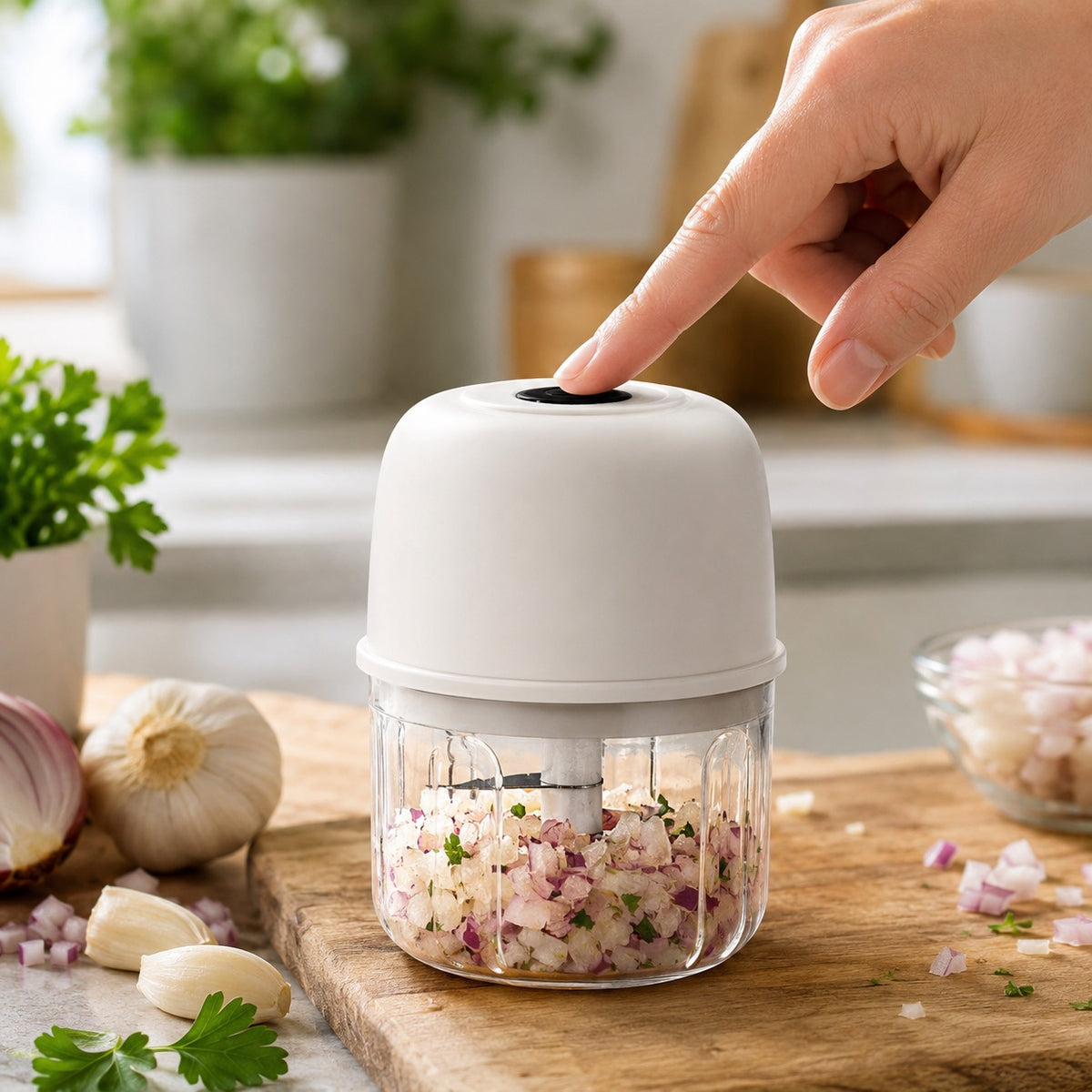 Excellent Houseware Rechargeable Vegetable Cutter White 9.2cm x 9.2cm x 12.5cm C80654270 | Electric Mini Food Chopper | USB Rechargeable Vegetable Slicer | Portable Garlic Chopper | Kitchen Food Processor