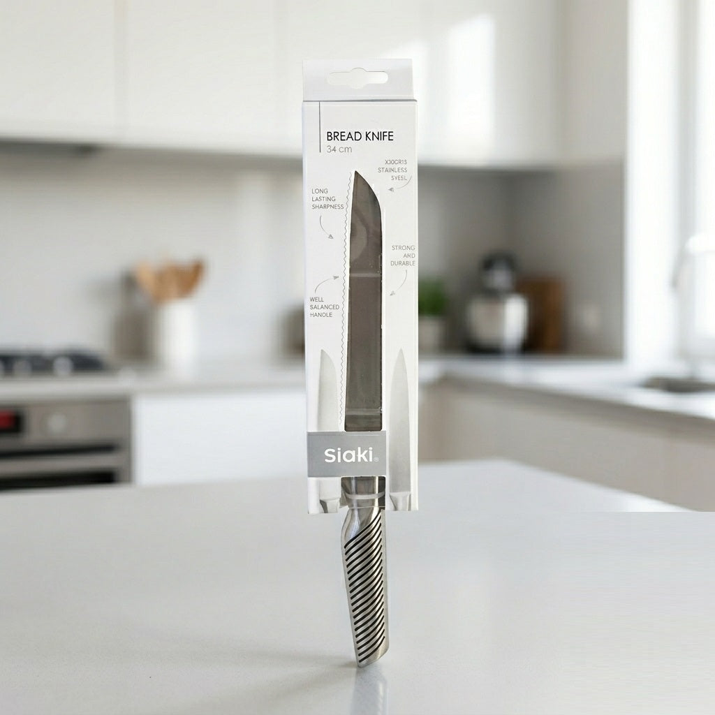 Siaki Bread Knife Silver 34cm YN1201380 | Serrated X30Cr13 Stainless Steel Kitchen Knife | Slicing Knife with Balanced Handle | Loaf Cake Crust Cutting