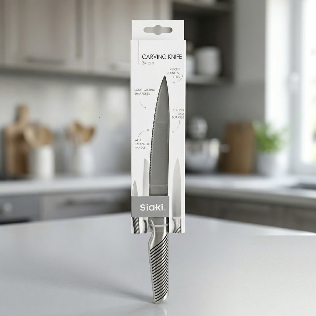 Siaki Carving Knife Silver 34cm YN1201370 | X30Cr13 Stainless Steel Slicing Knife | Well Balanced Handle Kitchen Knife | Meat Poultry Roast Slicing