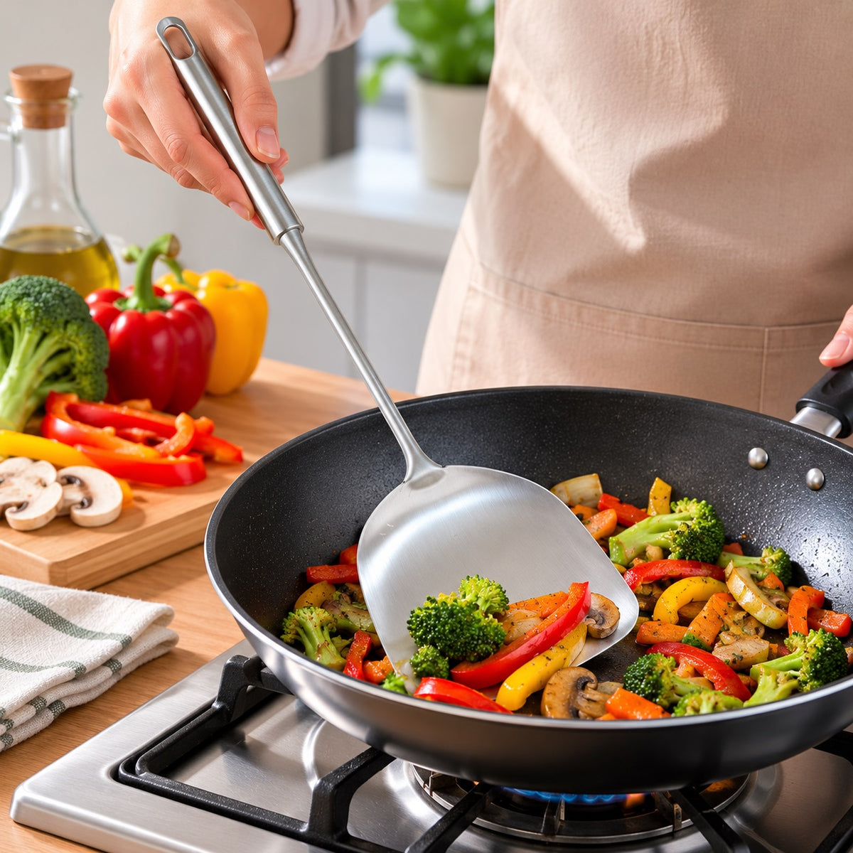 Siaki Spatula Silver 38cm C80654320 | 18-8 Stainless Steel Solid Turner | Dishwasher Safe Ergonomic Handle | Kitchen Cooking Stir Frying Utensil