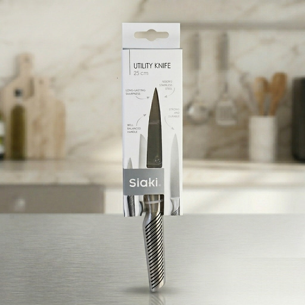 Siaki Utility Knife Silver 25cm YN1201390 | X30Cr13 Stainless Steel Kitchen Knife | Well Balanced Handle Cook Knife | Food Preparation Chopping Slicing Paring