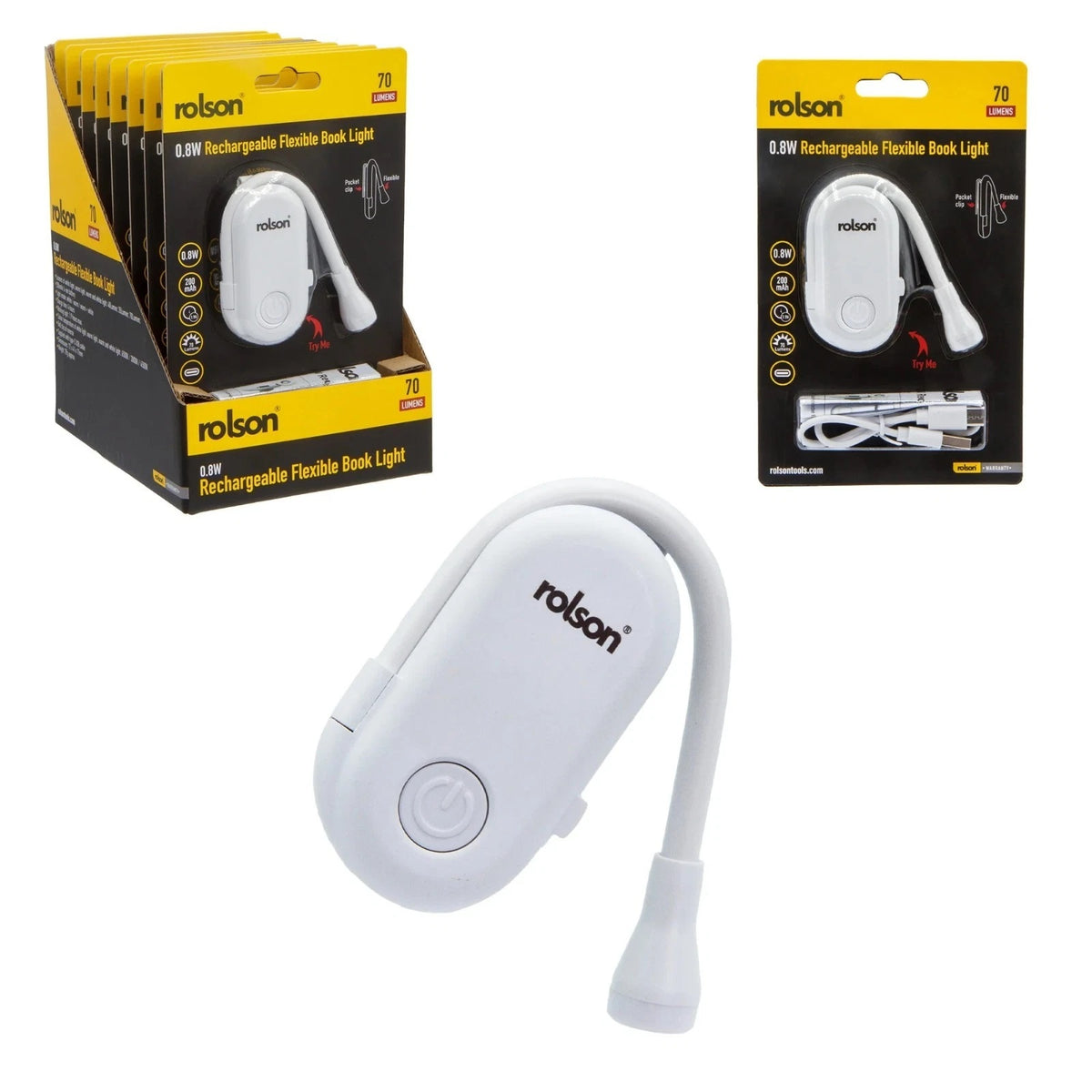 Rolson 0.8W Rechargeable Flexible Book Light White 61439 | 200mAh Li-ion Battery | 1.9 Hours Working Time | 70 Lumens | 4 Hours Charge Time | Supplied With Type-C USB Cable | Belt Clip at Reverse | LED Book Light | Study Light | Warm White Reading Light