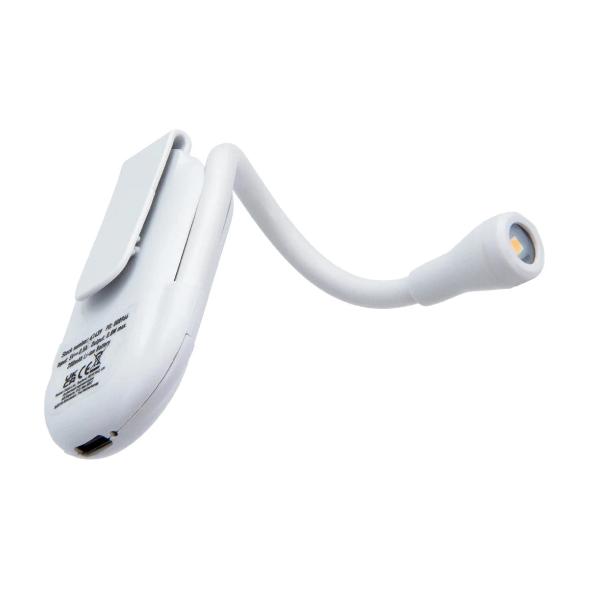 Rolson 0.8W Rechargeable Flexible Book Light White 61439 | 200mAh Li-ion Battery | 1.9 Hours Working Time | 70 Lumens | 4 Hours Charge Time | Supplied With Type-C USB Cable | Belt Clip at Reverse | LED Book Light | Study Light | Warm White Reading Light