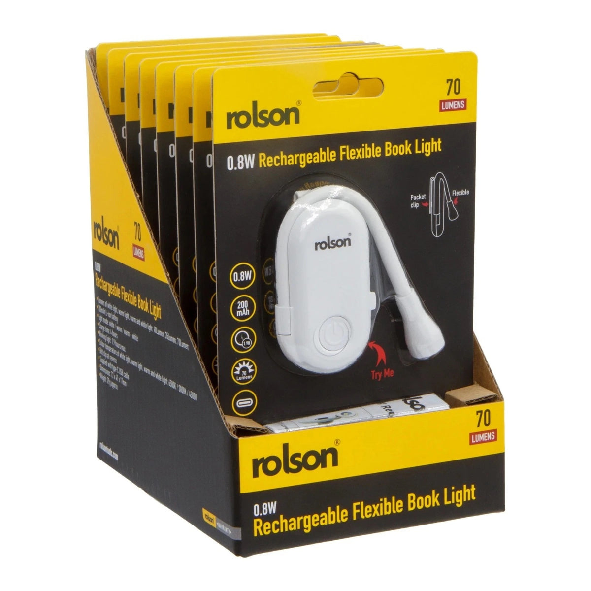 Rolson 0.8W Rechargeable Flexible Book Light White 61439 | 200mAh Li-ion Battery | 1.9 Hours Working Time | 70 Lumens | 4 Hours Charge Time | Supplied With Type-C USB Cable | Belt Clip at Reverse | LED Book Light | Study Light | Warm White Reading Light