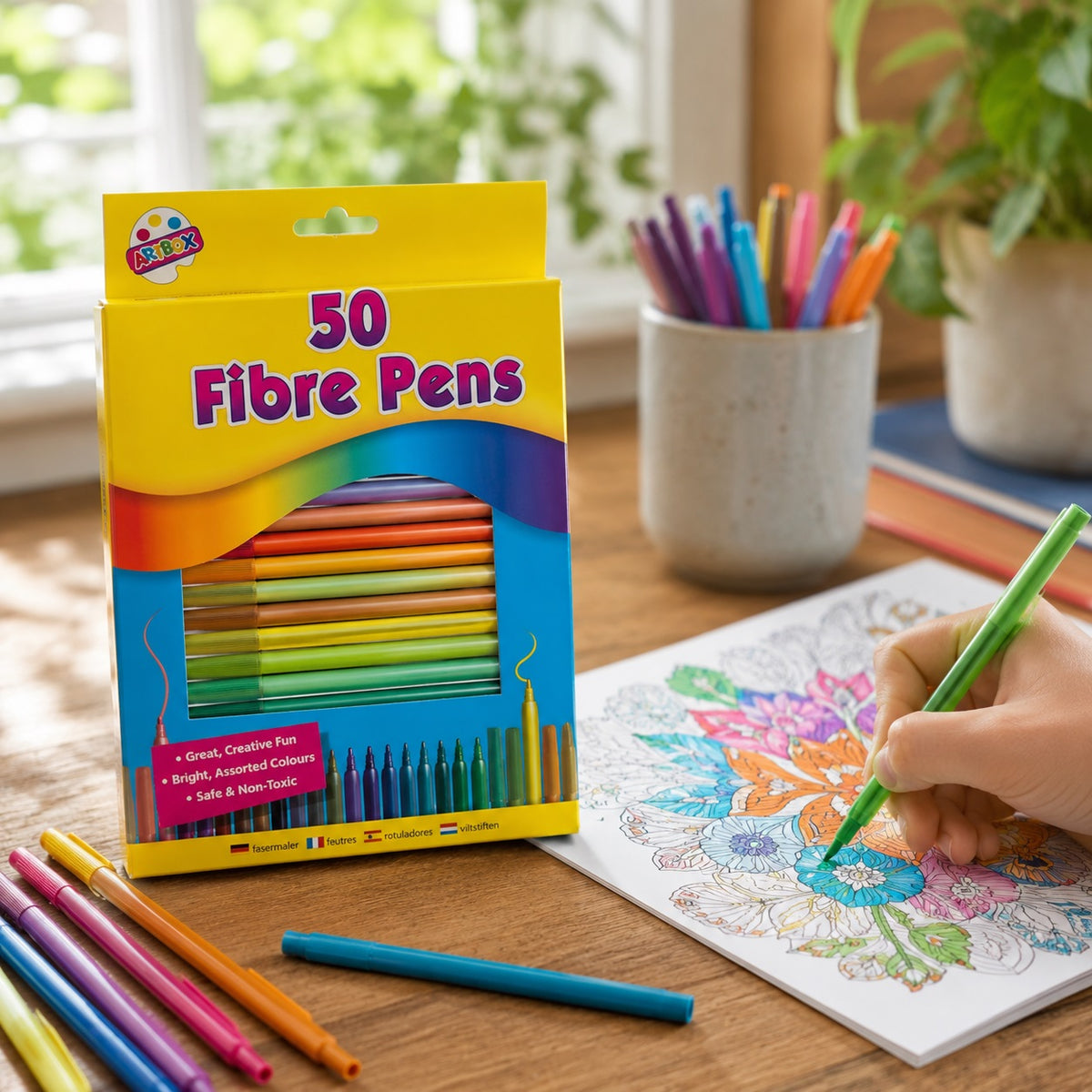 Tallon Artbox Fine Tip Fibre Colouring Pens Assorted Colours Pack of 50 1085 | Great Creative Fun | Safe and Non Toxic | Kids Colouring Pens | Drawing and Art Craft Supplies