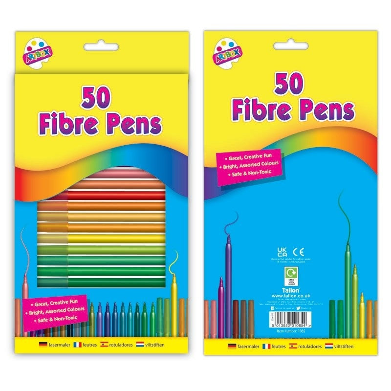 Tallon Artbox Fine Tip Fibre Colouring Pens Assorted Colours Pack of 50 1085 | Great Creative Fun | Safe and Non Toxic | Kids Colouring Pens | Drawing and Art Craft Supplies