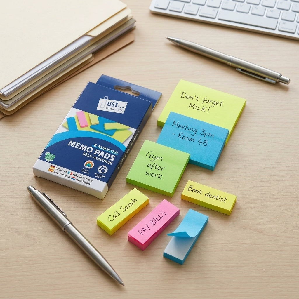 Tallon Just Stationery Neon Memo Pads Assorted Pack of 6 5925-48 | Self Adhesive | Neon Colours | Sticky Notes