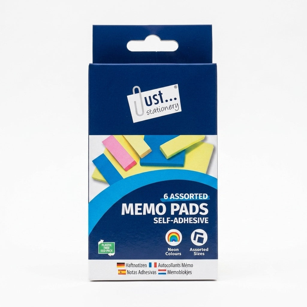 Tallon Just Stationery Neon Memo Pads Assorted Pack of 6 5925-48 | Self Adhesive | Neon Colours | Sticky Notes