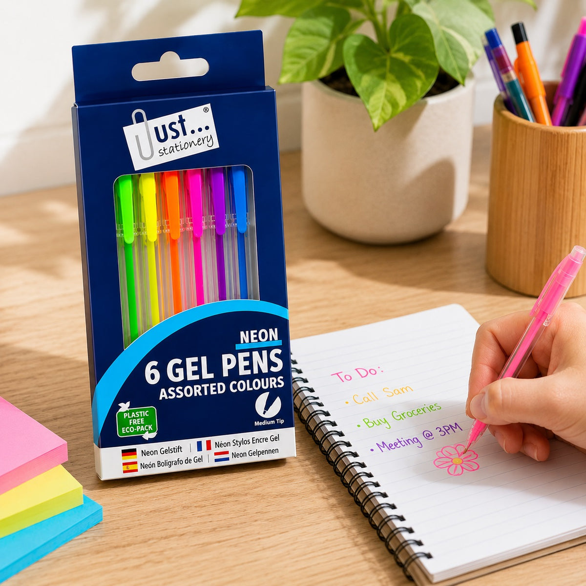 Tallon Just Stationery Neon Gel Ink Pens Assorted Colours Pack of 6 1226-48 | Smooth Writing Gel Pen Set | Bright Neon Colour Pens | School Office and Craft Pens