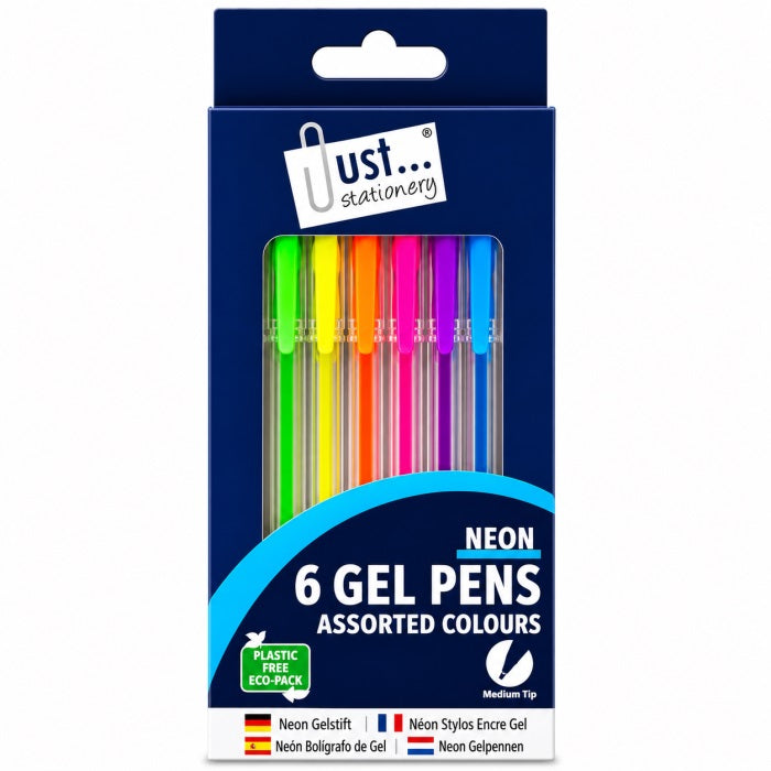 Tallon Just Stationery Neon Gel Ink Pens Assorted Colours Pack of 6 1226-48 | Smooth Writing Gel Pen Set | Bright Neon Colour Pens | School Office and Craft Pens