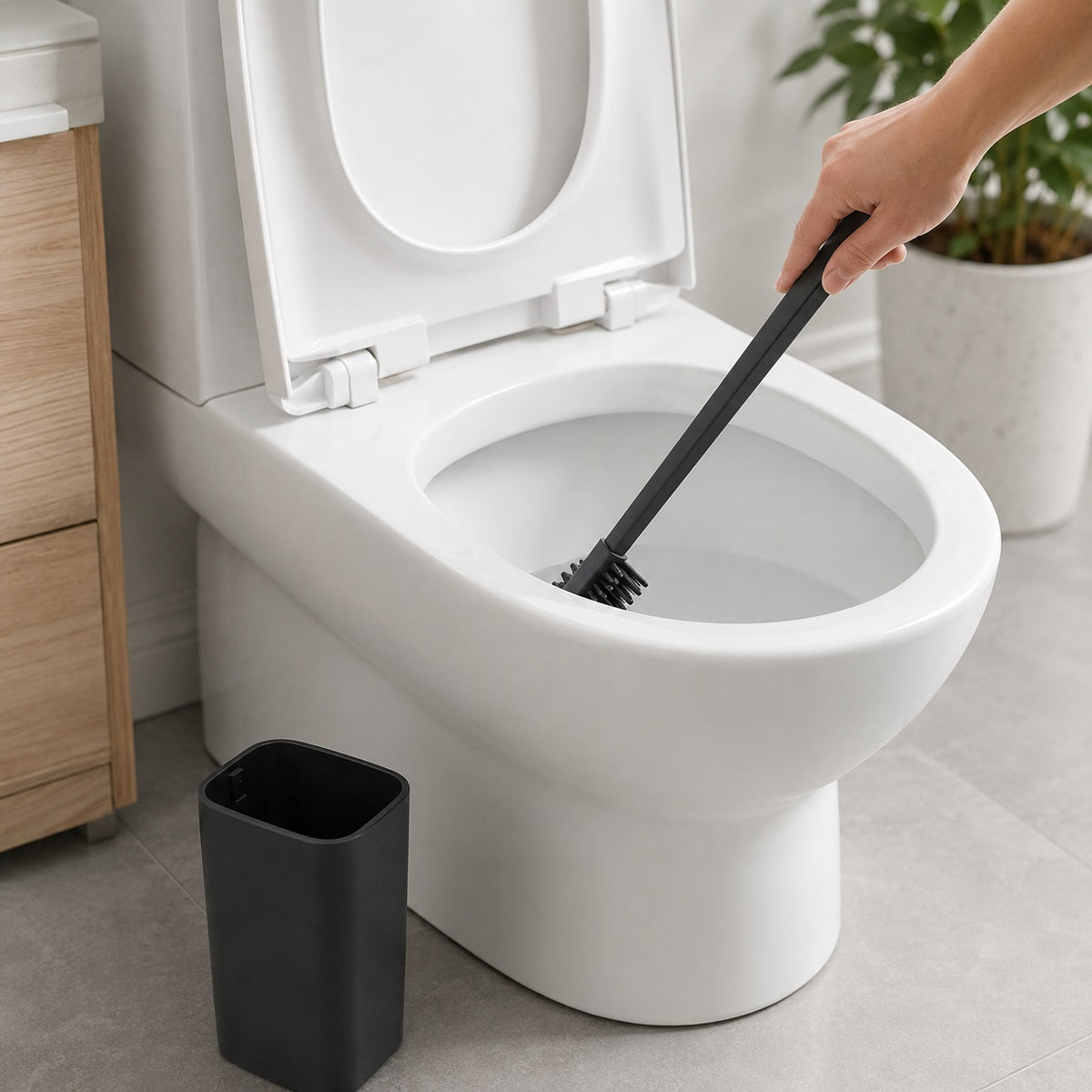 Ashley Housewares Slimline Toilet Brush Black 35.5cm x 9.5cm x 4cm TB101 | Flexible TPR Rubber Bristles | Flat D Shape Bathroom Scrubber | Deep Cleaning Under Rim Bowl Brush with Holder