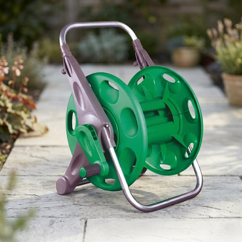 Hozelock 2-in-1 Empty Hose Reel Green Grey 60Mtr 2475 | Wall Mounted or Free Standing Pipe Cart | Reinforced Steel Axle Manual Rewind Garden Storage | Supplied with Complete Fittings
