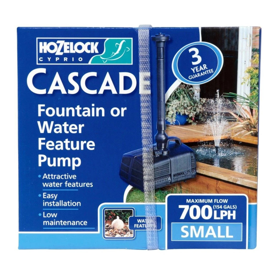 Hozelock Cascade Fountain or Water Feature Pump Blue 3352B0000 | Attractive Water Features | Easy Installation | Low Maintenance | Maximum Flow 700LPH | Supplied with Complete Fittings