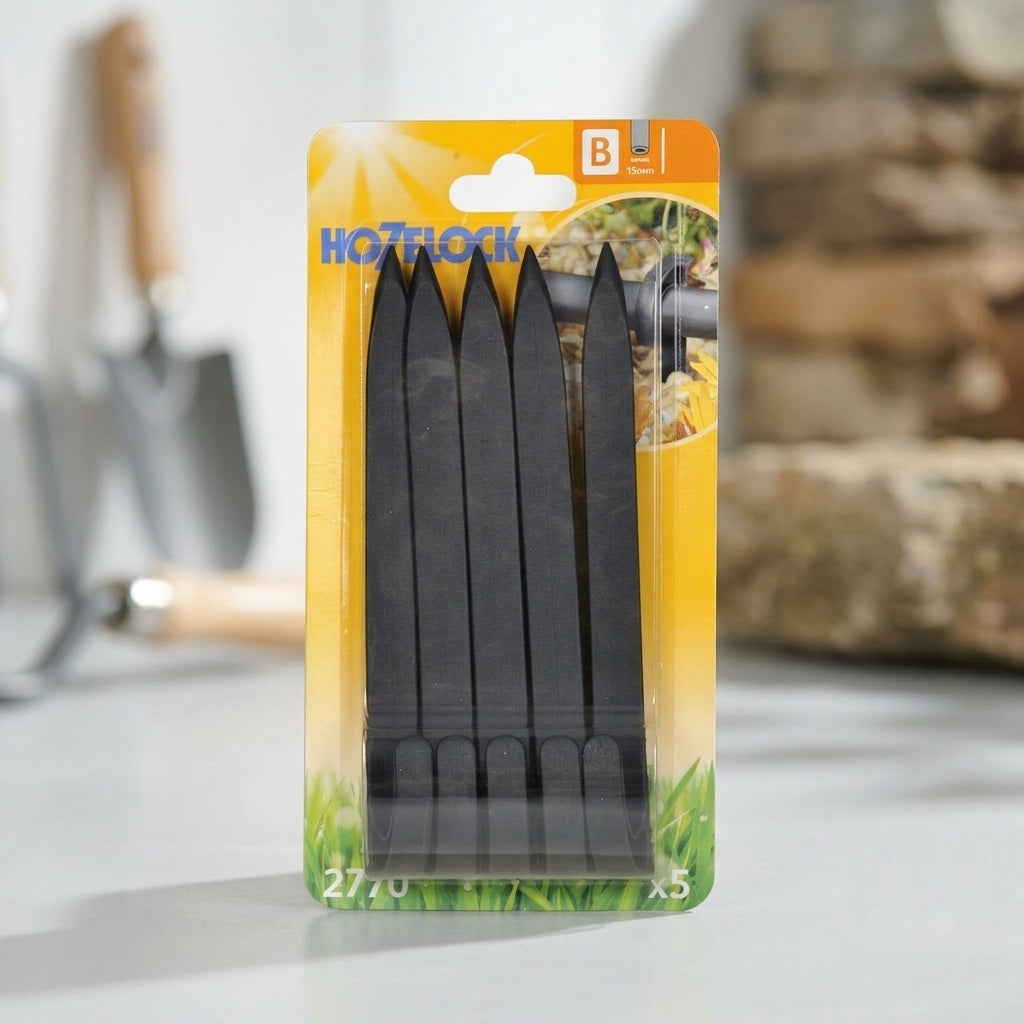 Hozelock Hose Stakes Black 13mm 22.2cm x 12cm x 1.6cm Pack of 5 2770 | Micro Tube Support Pegs | UV Stable Plastic Ground Anchors | Drip Irrigation System Lawn Watering | Supplied with Complete Fittings