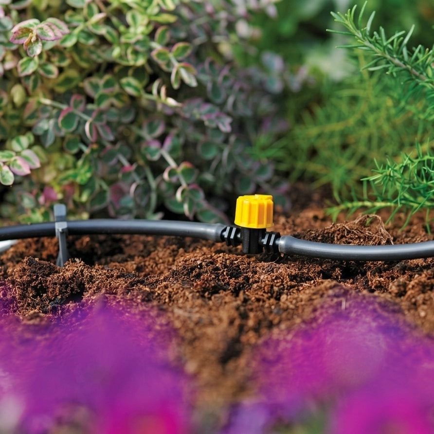 Hozelock Flow Control Valve Black Yellow 4mm Pack of 2 2776 | Micro Supply Tube Shut Off Tap | UV Stable Plastic Inline Water Adjuster | Drip Irrigation System Components | Supplied with Complete Fittings