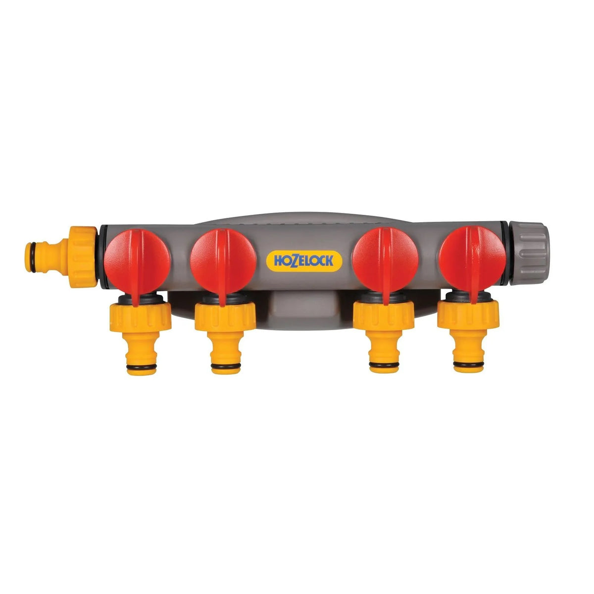 Hozelock Four-Way Tap Connector Multicoloured 2150P0000 | Outdoor Tap Hose Connector | Multi Outlet Tap Adapter | Garden Hose Pipe Distributor | Supplied With Complete Fittings