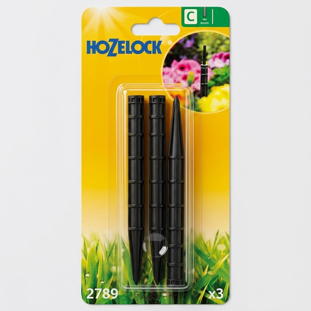 Hozelock Automatic Watering Hi-Spike Black 4mm Pack of 3 2789 | Micro Tube Irrigation Support Spike Set | Plastic Ground Anchor Extension Pegs | Flower Bed Border Plant Watering | Supplied with Complete Fittings