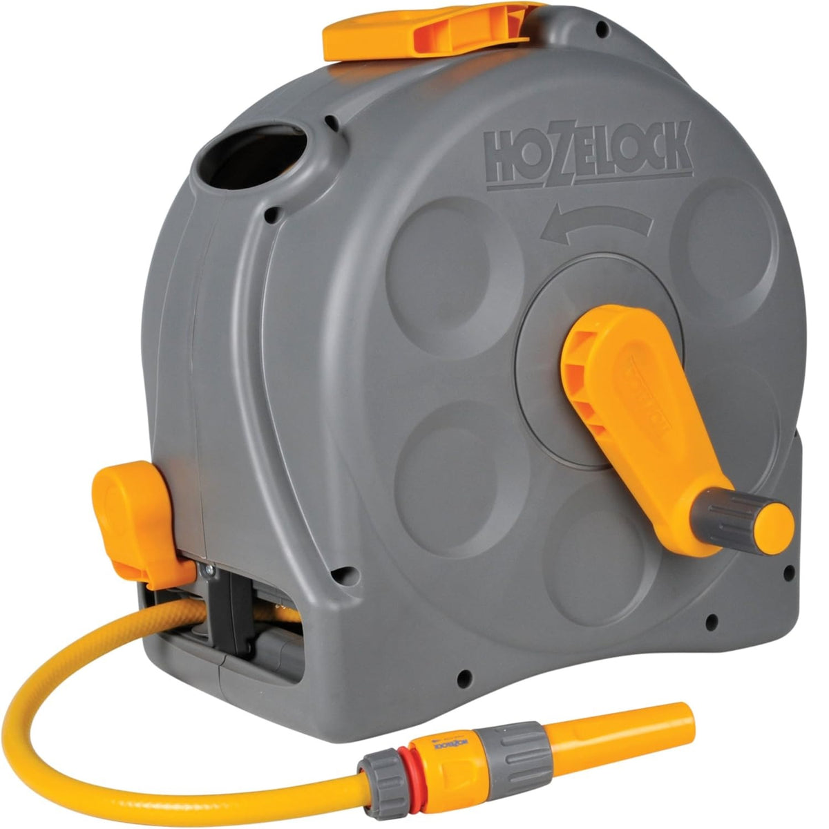 Hozelock 2-in-1 Compact Enclosed Hose Reel Grey Yellow 2415 | With 25Mtr Hose Pipe | Wall Mounted or Free Standing | Ready to Use Manual Rewind Layering System | Garden Patio Lawn Car Wash Watering | Supplied with Complete Fittings