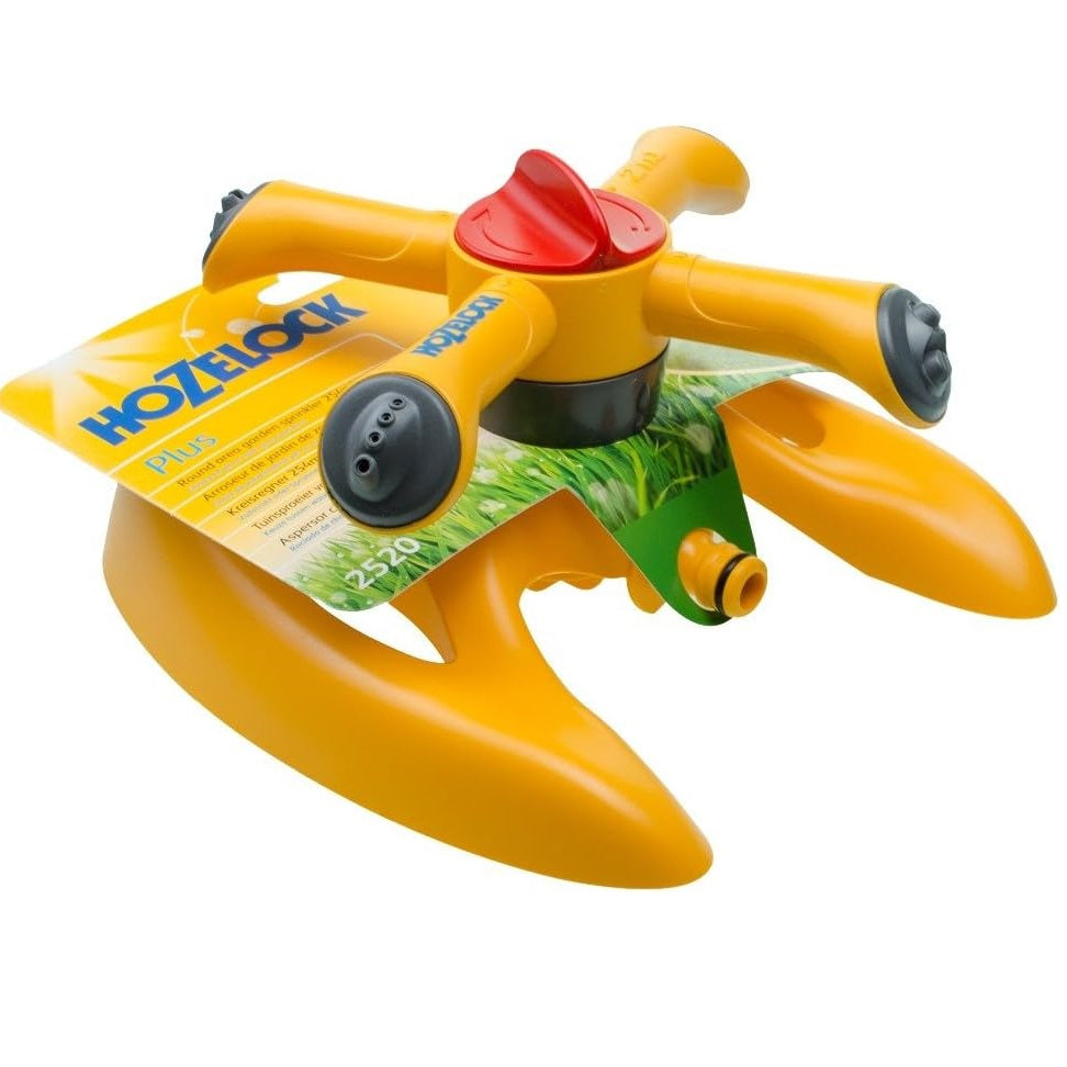 Hozelock Round Sprinkler Plus Rotating Vortex Garden Lawn Sprinkler Yellow 2520 | 4 Arm Sled Base Spraying System | 2 Spray Patterns 254Mtr Square Max Coverage | Turf Seedling Irrigation Waterer | Supplied with Complete Fittings