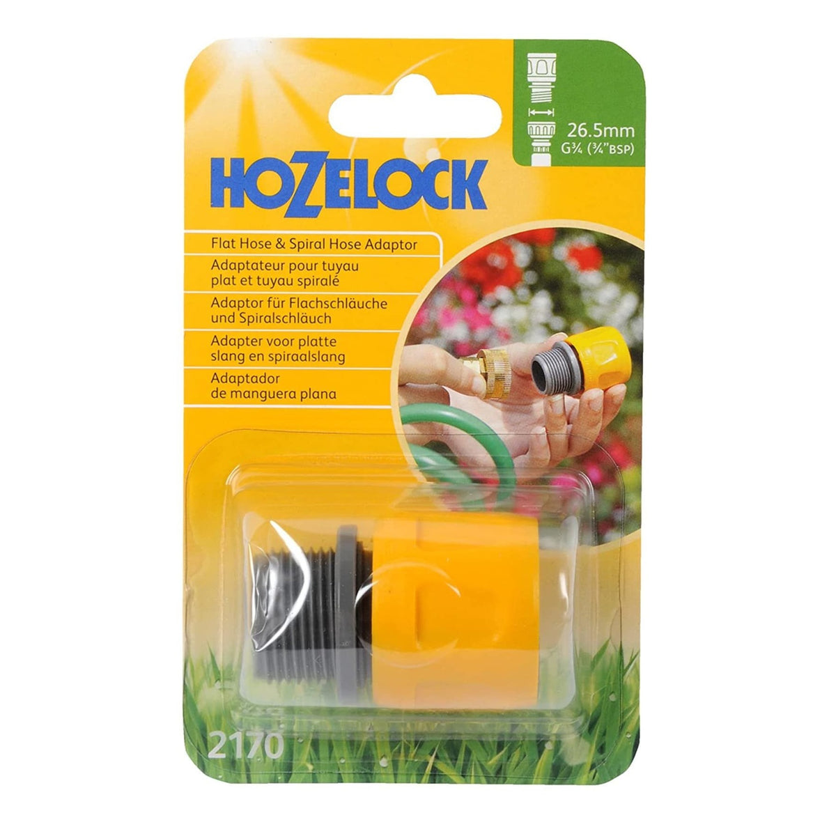 Hozelock Flat Hose and Spiral Hose Pipe Tap Adaptor Yellow and Grey 26.5mm 2170P9000 | Durable Plastic Connector | Flat Hose Adapter | Outdoor Water Hose Fitting | Supplied with Complete Fittings