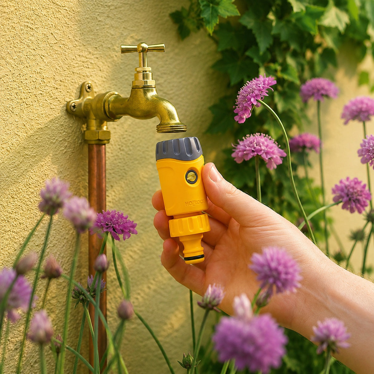 Hozelock Non Return Tap Connector Valve Yellow and Grey 21819000 | Durable Plastic Connector | Backflow Prevention Valve | Tap Hose Adapter | Supplied with Complete Fittings